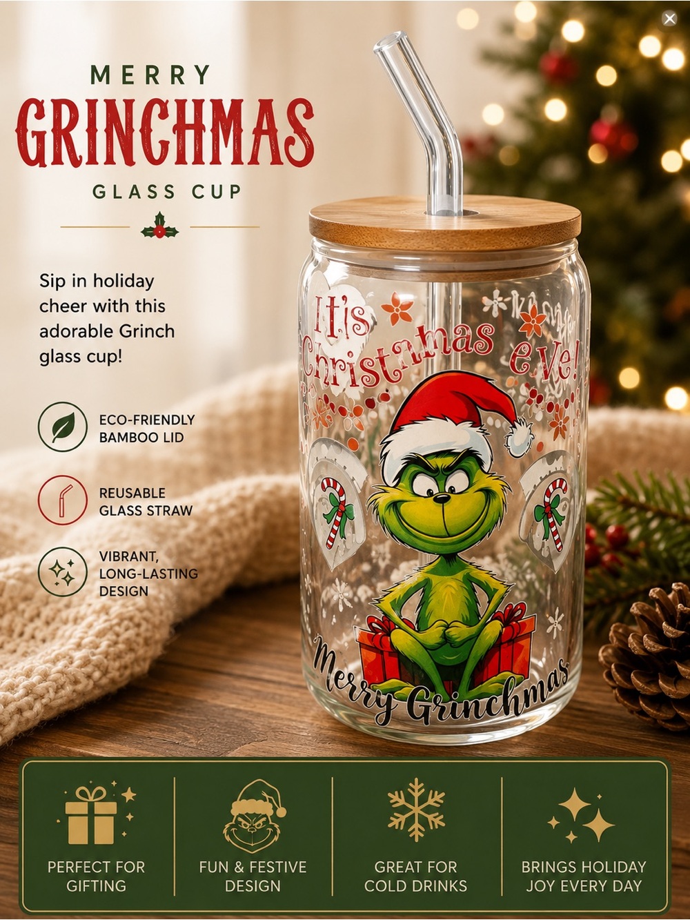 Hand Crafted grinch Merry Grinchmas Glass Cup with Bamboo Lid - Green, Red,